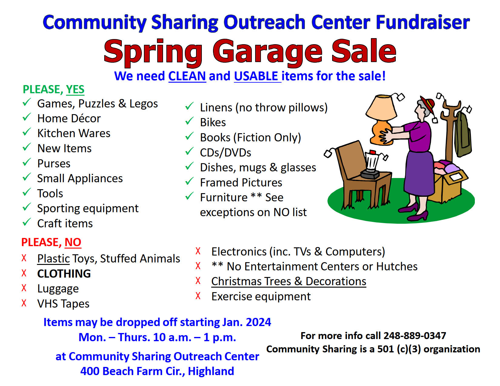 cs garage sale spring 2024 donation list