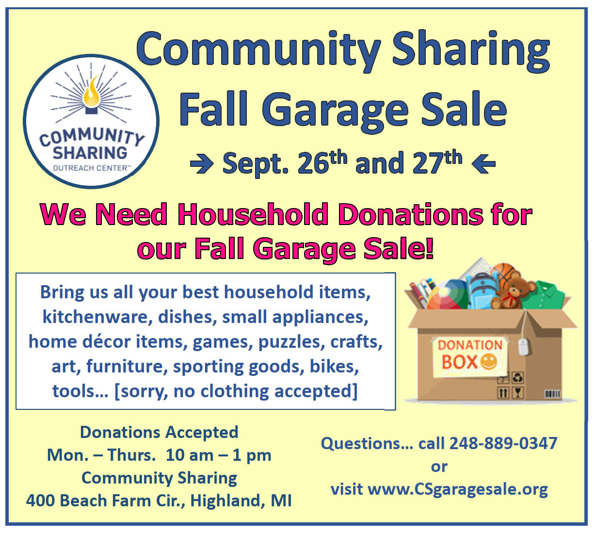 cs garage sale fall 2026 donations needed quarter page 1